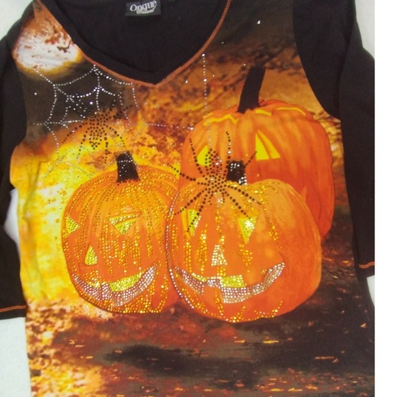 Halloween Pumpkin Rhinestone Top – Ongue Casual L Black 3/4 Sleeve Fall Shirt - Picture 5 of 9